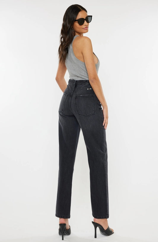 super-stretchy vintage-inspired High Waist Kan Can Jeans! With a zipper fly and 90s-inspired wide leg, modern black jean