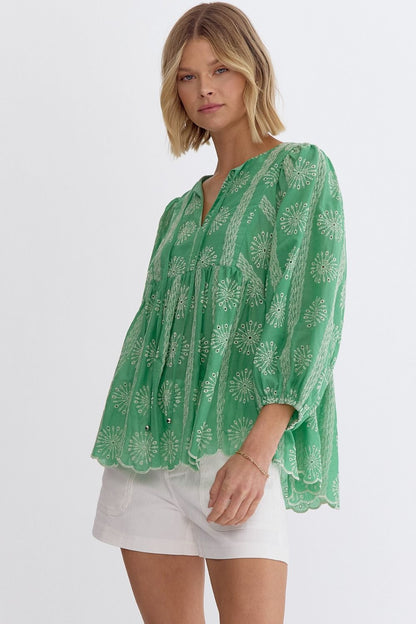 Introducing our Blossoms Around Top, a must-have for any fashion-forward individual. This beautifully crafted 3/4 sleeve top features delicate embroidery and eyelet details, as well as a self-tie neck for added flair. With a lightweight and lined fabric, this top is perfect for any occasion. Add it to your wardrobe today!